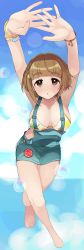 Rule 34 | 1girl, absurdres, armpits, arms up, bare legs, barefoot, bikini, bikini top only, bob cut, bracelet, breasts, brown hair, floral print, hair ornament, hairpin, highres, idolmaster, idolmaster cinderella girls, jewelry, kitami yuzu, large breasts, outstretched arms, overall skirt, overalls, pin, short hair, solo, swimsuit, yuzuhota0313