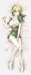 Rule 34 | 1girl, bed, blonde hair, blue eyes, blush, breasts, cleavage, dakimakura (medium), earrings, elf, full body, genderswap, genderswap (mtf), gloves, hat, highres, jewelry, large breasts, link, long image, nintendo, nipples, open clothes, open mouth, open shirt, pointy ears, shirt, solo, tall image, teru suzu, the legend of zelda, thighhighs, white thighhighs
