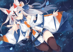 Rule 34 | 1girl, :o, ahoge, animal ear fluff, animal ears, bare shoulders, blue eyes, blue skirt, brown thighhighs, commentary request, detached collar, fox ears, fox mask, grey hair, highres, jacket, japanese clothes, long hair, long sleeves, looking at viewer, lying, mask, mask over one eye, miniskirt, nibiiro shizuka, off shoulder, original, parted lips, pleated skirt, skirt, solo, thighhighs, water, white jacket, wide sleeves