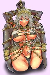 Rule 34 | bikini, black bikini, blue eyes, blush, bound, breasts, chain, chained, chocobeam, commentary, crown, elbow gloves, fate/grand order, fate (series), gloves, gold chain, grey hair, highres, large breasts, mixed-language commentary, navel, solo, sweat, swimsuit, tan, thighhighs, thighs, torn clothes, zenobia (fate)