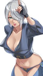 Rule 34 | angel (kof), blue eyes, breasts, cleavage, fingerless gloves, gloves, hair over one eye, highres, large breasts, navel, revealing clothes, silver hair, simple background, snk, the king of fighters, tongue, tongue out
