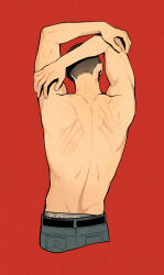 Rule 34 | 1boy, arms up, back, black hair, buzz cut, catbishonen, cropped legs, denim, hickey, highres, jeans, male focus, male underwear, male underwear peek, pants, ronan lynch, scratches, scratching back, short hair, simple background, solo, the raven cycle, topless male, underwear, very short hair