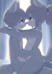 Rule 34 | 1boy, 1girl, 848siba, absurdres, animal ears, backlighting, blue eyes, body fur, breasts, couple, curtains, face-to-face, from side, furry, furry female, furry male, furry with furry, grey fur, grey hair, hetero, highres, noses touching, nude, on bed, on lap, original, ponytail, profile, short hair, sidelocks, sitting, small breasts, smile, straddling, tail, upright straddle, wolf ears, wolf tail