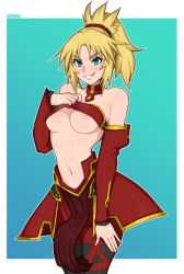 Rule 34 | 1girl, afrobull, aqua eyes, bad id, bad pixiv id, blonde hair, blush, breasts, clothes lift, cowboy shot, fate (series), grin, medium breasts, mordred (fate), mordred (fate/apocrypha), nipple slip, nipples, simple background, smile, solo, strapless, tube top, tube top lift