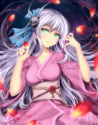 Rule 34 | 1girl, atomix, breasts, fire, highres, japanese clothes, kimono, light smile, long hair, looking at viewer, original, silver hair, skull, solo