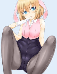 Rule 34 | 10s, 1girl, animal ears, arm support, bad id, bad pixiv id, black leotard, black pantyhose, blonde hair, blue eyes, closed mouth, collared shirt, commentary request, covered navel, fake animal ears, girls und panzer, gloves, grey background, groin, highres, itou ayachi, katyusha (girls und panzer), leaning back, leotard, looking at viewer, mouth hold, pantyhose, pink vest, playboy bunny, rabbit ears, shirt, short hair, sitting, solo, sweat, vest, white gloves, white shirt