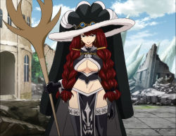 Rule 34 | 1girl, breasts, fairy tail, fur-trimmed headwear, fur trim, hat, irene belserion, large breasts, long hair, midriff, mature female, navel, red hair, revealing clothes, underboob