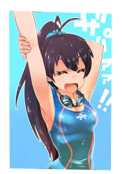 Rule 34 | 1girl, arms up, black hair, competition swimsuit, closed eyes, fang, ganaha hibiki, go-gyan-sun, idolmaster, idolmaster (classic), long hair, one-piece swimsuit, open mouth, swimsuit