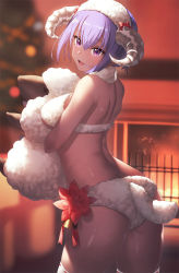 Rule 34 | 1girl, ass, back, bare shoulders, blush, breasts, dark-skinned female, dark skin, fate/grand order, fate/prototype, fate/prototype: fragments of blue and silver, fate (series), fireplace, flower, fur collar, hair between eyes, hassan of serenity (fate), hassan of serenity (merry sheep) (fate), holding, holding stuffed toy, horns, ibuki notsu, looking at viewer, looking back, medium breasts, open mouth, sheep, sheep horns, sheep tail, short hair, smile, solo, stuffed animal, stuffed toy, tail, thighhighs, thighs, underboob, wool