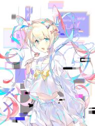 Rule 34 | 1girl, :d, absurdres, blonde hair, blue bow, blue eyes, blue hair, bow, candy, chinese commentary, chouzetsusaikawa tenshi-chan, commentary request, ee63567857, food, glitch, hair bow, hair ornament, hand up, heart, heart hair ornament, highres, holding, holding candy, holding food, holding lollipop, holographic clothing, lollipop, long hair, long sleeves, looking at viewer, midriff, multicolored hair, navel, needy girl overdose, open mouth, pink bow, pink hair, pleated skirt, purple bow, quad tails, sailor collar, school uniform, serafuku, shirt, skirt, smile, solo, twintails, very long hair, white shirt, white skirt, window (computing), yellow bow
