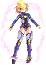 Rule 34 | 1girl, armor, aura, black footwear, black leotard, blue armor, blush, boots, brown hair, crazy eyes, cross (crossryou), greeza, grey armor, headpiece, leotard, long sleeves, looking at viewer, monster girl, one eye covered, open mouth, personification, purple armor, purple eyes, short hair, smile, standing, thigh boots, thighhighs, ultra series, ultraman x (series), yellow armor