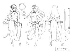 Rule 34 | 00s, 10s, 1girl, absurdres, armpits, ass, bare legs, breasts, character sheet, chinese clothes, covered navel, female focus, hair ornament, hairband, highres, long hair, monochrome, multiple views, official art, queen&#039;s blade, queen&#039;s blade rebellion, shirt, sideboob, skin tight, solo, sword, tarnyang (queen&#039;s blade), weapon, white background