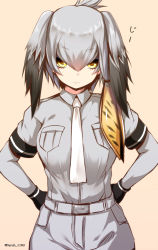 Rule 34 | 10s, belt buckle, black hair, breast pocket, buckle, closed mouth, collared shirt, cowboy shot, elbow gloves, gloves, grey shirt, grey shorts, hair between eyes, hands on own hips, head wings, kemono friends, layered sleeves, long hair, long sleeves, looking at viewer, multicolored hair, necktie, pocket, shirt, shoebill (kemono friends), short over long sleeves, short sleeves, shorts, silver hair, simple background, solo, standing, staring, syroh, twintails, twitter username, two-tone hair, white necktie, wing collar, wings, yellow background