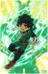 Rule 34 | 2boys, absurdres, all might, animal hood, artist name, blonde hair, boku no hero academia, boots, border, freckles, gloves, green eyes, green hair, hands on own hips, highres, hood, male focus, midoriya izuku, multiple boys, open mouth, pouch, red footwear, white border, white gloves, yellow gloves, zombiedaisuke