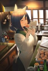 Rule 34 | 1girl, = =, animal ears, apron, ashinowoto, black hair, bottle, cabinet, chopsticks, closed mouth, commentary request, eishin flash (umamusume), food, frying pan, hands up, highres, holding, holding chopsticks, horse ears, horse girl, horse tail, indoors, jar, kappougi, kettle, kitchen, ladle, medium hair, open mouth, paper, plate, short ponytail, solo, standing, tail, umamusume, window