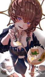 Rule 34 | 1girl, blue eyes, blue overalls, blurry, blurry background, blush, braid, cake, chest belt, crown braid, cup, e ixion, fate/grand order, fate (series), flower, food, from above, frying pan, hair ornament, hat, highres, holding, holding spoon, leaf hair ornament, long hair, looking at viewer, navel, nervous, open mouth, overall shorts, overalls, pov, see-through, see-through sleeves, side braid, smile, solo, spoon, straw hat, sunflower, sweat, unzipped, van gogh (fate), white background, yellow hat