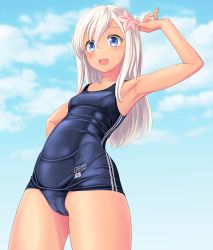 Rule 34 | 1girl, absurdres, blonde hair, blue eyes, blue one-piece swimsuit, blue sky, breasts, cameltoe, cloud, cowboy shot, day, flower, from below, hair flower, hair ornament, highres, kantai collection, long hair, old school swimsuit, one-piece swimsuit, outdoors, ro-500 (kancolle), school swimsuit, sky, small breasts, solo, standing, swimsuit, takafumi, tan