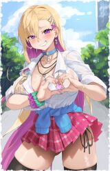 Rule 34 | 1girl, absurdres, ahoge, animal print, bikini, bikini under clothes, black thighhighs, blonde hair, blue cardigan, blue choker, blue nails, blue sky, blush, boryeon (last origin), breasts, cardigan, cardigan around waist, choker, cleavage, clothes around waist, colored inner hair, commentary request, dress shirt, earrings, fingernails, green scrunchie, hair between eyes, heart, heart-shaped boob challenge, heart hands, heart necklace, highres, huge breasts, jewelry, last origin, leopard print, long hair, looking at viewer, miniskirt, mole, mole on breast, moobong, multicolored hair, multiple piercings, nail polish, necklace, open clothes, open shirt, outdoors, pink skirt, plaid, plaid skirt, pleated skirt, purple eyes, purple hair, purple nails, purple scrunchie, red nails, school uniform, scrunchie, see-through, see-through shirt, shirt, shirt tucked in, side-tie bikini bottom, skindentation, skirt, sky, sleeves rolled up, smile, solo, standing, swimsuit, teeth, thighhighs, thighs, tree, triangle hair ornament, two-tone hair, very long hair, wrist scrunchie, yellow nails, zettai ryouiki
