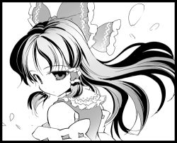 Rule 34 | 1girl, bare shoulders, black border, border, bow, detached sleeves, eyebrows, female focus, frilled bow, frilled shirt collar, frills, greyscale, hair bow, hair tubes, hakurei reimu, lowres, medium hair, monochrome, ribbon-trimmed sleeves, ribbon trim, shirt, sleeveless, sleeveless shirt, solo, takahata yuki, touhou, upper body, white background