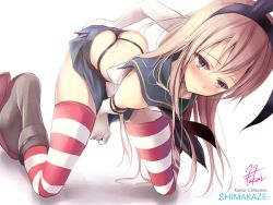 Rule 34 | 10s, 1girl, artist name, bad id, bad pixiv id, between legs, black panties, blonde hair, blush, boots, brown eyes, character name, fukai ryosuke, grey footwear, hairband, kantai collection, kneeling, long hair, panties, revision, shimakaze (kancolle), signature, simple background, skirt, solo, striped clothes, striped thighhighs, thighhighs, thong, underwear, white background