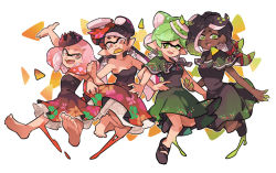 Rule 34 | + +, 4girls, :d, arm grab, arm up, bare shoulders, barefoot, black capelet, black footwear, black hair, black skin, blunt bangs, breasts, callie (splatoon), capelet, cephalopod eyes, cleavage, colored skin, commentary, cousins, crown, dress, earrings, english commentary, fang, fangs, feet, floral print, food, food in mouth, food on head, gomipomi, gradient hair, green eyes, green hair, grey hair, hand on own hip, jewelry, jumping, locked arms, long hair, looking at another, looking at viewer, looking back, marie (splatoon), marina (splatoon), medium breasts, medium dress, medium hair, mole, mole under eye, mouth hold, multicolored hair, multicolored skin, multiple girls, nachos, nintendo, object on head, octoling, open mouth, paint splatter, pearl (splatoon), petticoat, pink eyes, pink hair, pointy ears, print dress, shoes, short hair, sleeveless, sleeveless dress, smile, soles, splatoon (series), splatoon 1, splatoon 2, standing, strapless, strapless dress, suction cups, sushi, tentacle hair, toes, white background