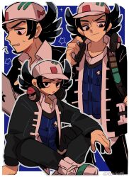 Rule 34 | 10chiko05, 1boy, black eyes, black hair, black jacket, black pants, blue vest, border, clenched teeth, collared shirt, commentary request, computer, creatures (company), game freak, giacomo (pokemon), hand up, hat, headphones, highres, jacket, laptop, looking at viewer, looking down, male focus, multiple views, nintendo, open clothes, open jacket, pants, parted lips, pointy hair, poke ball print, pokemon, pokemon sv, shirt, shoes, sparkling eyes, sweatdrop, team star, teeth, twitter username, vest, watermark, white border, white headwear