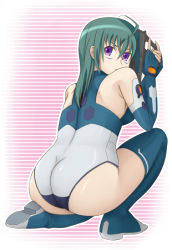 Rule 34 | 00s, 1girl, ahoge, ass, back, bad id, bad pixiv id, bare shoulders, blue gloves, blue thighhighs, bodysuit, boots, breasts, elbow gloves, facial mark, from side, full body, gloves, gradient background, green hair, gun, hair between eyes, halterneck, handgun, holding, holding weapon, kannagi itsuki, knee up, kneeling, leotard, long hair, looking at viewer, looking back, medium breasts, on one knee, outline, pilot suit, plump, purple background, purple eyes, serious, solo, sora wo kakeru shoujo, striped, striped background, sujiko, thigh boots, thighhighs, trigger discipline, turtleneck, weapon