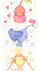 Rule 34 | absurdres, black eyes, blue flower, blue pikmin, blue rose, blue skin, blush, border, bubble, bud, cable, closed eyes, colored skin, commentary request, cowboy shot, dotted line, flower, heart, heart bubbles, highres, holding, holding cable, holding flower, holding heart, leaf, light bulb, lightning bolt symbol, looking at viewer, ni-gou, nintendo, no humans, no mouth, object on head, outside border, pikmin (creature), pikmin (series), pointy ears, pointy nose, red pikmin, rose, simple background, straight-on, translation request, triangle mouth, white background, white border, white flower, yellow pikmin, yellow skin