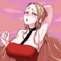 Rule 34 | 1girl, absurdres, ari (ariel lopez550), arm up, armpits, bare arms, bare shoulders, blonde hair, blush, breasts, choker, cleavage, collarbone, creatures (company), dress, earrings, forehead, game freak, green eyes, half-closed eyes, highres, jewelry, large breasts, lips, lipstick, long hair, looking at viewer, makeup, nintendo, oleana (pokemon), parted lips, pink background, pokemon, pokemon swsh, red dress, red lips, sketch, solo, strapless, strapless dress, upper body