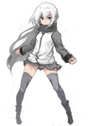 Rule 34 | 1girl, blue eyes, clenched hands, full body, grey thighhighs, highres, jacket, johan (johan13), long hair, looking at viewer, original, pleated skirt, scarf, simple background, skirt, solo, thighhighs, white background, white hair