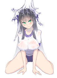 Rule 34 | 1girl, black hair, breasts, cameltoe, female focus, green eyes, gym uniform, kurofudo, large breasts, long hair, nipples, no bra, original, see-through, shirt, shorts, simple background, sitting, solo, thighs, water, wet, wet clothes, wet shirt, white background