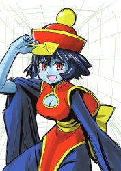 Rule 34 | 1girl, :d, blue hair, blush stickers, breasts, chinese clothes, cleavage, cleavage cutout, clothing cutout, facial mark, flipped hair, hat, jiangshi, lei lei, long sleeves, mizukami satoshi, ofuda, open mouth, pants, qingdai guanmao, red eyes, short hair, sketch, sleeves pushed up, smile, solo, vampire (game), zombie