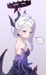 Rule 34 | 1girl, absurdres, bare shoulders, blue archive, blush, breasts, commentary request, demon girl, demon horns, demon wings, dress, earrings, elbow gloves, gloves, halo, highres, hina (blue archive), hina (dress) (blue archive), horns, jewelry, korean commentary, looking at viewer, necklace, official alternate costume, parted bangs, pearl necklace, pendant, purple background, purple dress, purple eyes, purple gloves, small breasts, solo, spoken blush, strapless, strapless dress, updo, white hair, wings, wnsgur6686