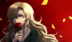 Rule 34 | 1girl, blonde hair, blue eyes, flower, gradient background, harano, highres, holding, ib (kouri), long hair, mary (ib), petals, red flower, red rose, rose, solo, tears