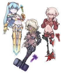 Rule 34 | 3girls, amputee, armor, axe, belt, belt buckle, blue eyes, blue hair, breasts, buckle, claws, clothing request, colored skin, crimson axe (terraria), cursed hammer (terraria), dark-skinned female, dark skin, doll joints, double amputee, enchanted sword (terraria), extra eyes, extra teeth, gauntlets, green eyes, hair over eyes, hair over one eye, hammer, highres, joints, looking at viewer, medium breasts, multiple girls, navel, nyong nyong, pauldrons, personification, shoulder armor, small breasts, stitches, sword, tentacles, terraria, weapon, white hair, white skin