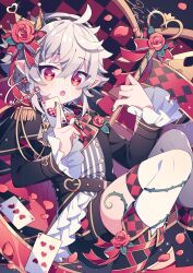 Rule 34 | 1boy, belt, boots, card, crown, flower, frills, heart, heart-shaped pupils, heart card, holding, holding staff, hyou (pixiv3677917), male focus, original, plant, queen of hearts (alice in wonderland), red eyes, red flower, red rose, rose, staff, symbol-shaped pupils, thighhighs, vines, white hair, white thighhighs