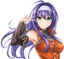 Rule 34 | 1girl, ahoge, armpits, black sleeves, breasts, closed mouth, detached sleeves, fire emblem, fire emblem: path of radiance, floating hair, green eyes, hair between eyes, headband, jacket, long hair, long sleeves, looking at viewer, medium breasts, mia (fire emblem), nintendo, orange jacket, purple hair, simple background, sleeveless, sleeveless jacket, smile, solo, ten (tenchan man), upper body, very long hair, white background, white headband