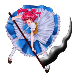 Rule 34 | 1girl, alice (afternoon gleam), breasts, female focus, full body, hair bobbles, hair ornament, onozuka komachi, red eyes, red hair, scythe, short hair, simple background, solo, standing, touhou, twintails, two side up, white background