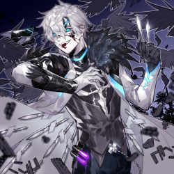 Rule 34 | 1boy, animal, bad id, bad pixiv id, belt buckle, bird, black sclera, blood, blood on face, blue eyes, buckle, colored sclera, cross, crow, flying, fur trim, hair between eyes, hatching (texture), headgear, holding, holding knife, holding weapon, ierotak, jacket, knife, male focus, multiple weapons, open mouth, original, smile, teeth, weapon, white hair, white jacket