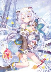 Rule 34 | 1girl, animal, animal ears, animal print, bare shoulders, blue eyes, blush, boots, breasts, brown footwear, cherry, closed mouth, coat, day, floating hair, food, fruit, fur-trimmed coat, fur trim, hair ornament, holding, holding animal, ibara riato, ice cream, knee boots, kneeling, leopard ears, leopard tail, long hair, looking at viewer, medium breasts, original, outdoors, silver hair, smile, snow, snow leopard, solo, spoon, sundae, tail