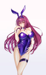 Rule 34 | 1girl, absurdres, animal ears, breasts, fake animal ears, fate/grand order, fate (series), highres, leotard, looking at viewer, official alternate costume, pantyhose, playboy bunny, purple hair, rabbit ears, red eyes, scathach (fate), scathach (piercing bunny) (fate), simple background, white background