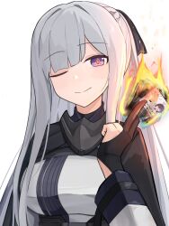 Rule 34 | 1girl, absurdres, ak-12 (girls&#039; frontline), braid, breasts, burning, card, closed mouth, french braid, gamryous, girls&#039; frontline, gloves, grey hair, highres, holding, jacket, large breasts, long hair, long sleeves, one eye closed, ponytail, purple eyes, ribbon, sidelocks, simple background, smile, solo, tagme, titanfall, titanfall (series)