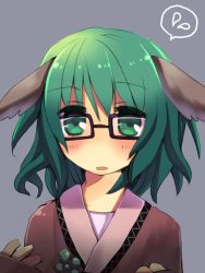 Rule 34 | 1girl, ame (candycircle), animal ears, bespectacled, blush, female focus, glasses, green eyes, green hair, grey background, kasodani kyouko, matching hair/eyes, md5 mismatch, open mouth, resolution mismatch, short hair, simple background, solo, source smaller, sweatdrop, touhou