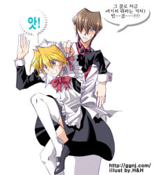 Rule 34 | 2boys, apron, artist request, black dress, black footwear, blonde hair, blue eyes, bow, brown hair, crossdressing, dress, frilled apron, frills, jonouchi katsuya, kaiba seto, long sleeves, looking to the side, lowres, maid, maid headdress, mary janes, multiple boys, red bow, shoes, short hair, source request, thighhighs, translation request, white apron, white background, yellow eyes, yu-gi-oh!, yu-gi-oh! duel monsters