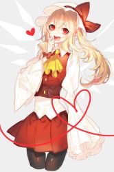 Rule 34 | 1girl, :d, adapted costume, alternate hair length, alternate hairstyle, bad id, bad twitter id, black pantyhose, bow, cropped legs, fangs, flandre scarlet, hat, hat bow, hat ribbon, heart, heart of string, highres, looking at viewer, miniskirt, mob cap, open mouth, pantyhose, red bow, red eyes, red ribbon, ribbon, side ponytail, skirt, sleeves past wrists, smile, solo, string, string of fate, teeth, touhou, wide sleeves, wings, wrist ribbon, yakusuke