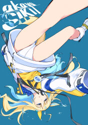 Rule 34 | 1girl, absurdres, ahoge, akaya shiki, animal ears, artist name, bandeau, black bandeau, blonde hair, blue background, blue eyes, blue hair, bright pupils, colored inner hair, commentary, diamond hair ornament, ear covers, ear ornament, expressionless, floating hair, foot out of frame, foreshortening, from above, half-closed eyes, highleg, highres, horse ears, horse girl, horse tail, jacket, leg warmers, long hair, looking at viewer, looking up, multicolored hair, neo universe (umamusume), open clothes, open jacket, outstretched arms, parted lips, partially unzipped, quilted clothes, shoes, short shorts, shorts, single ear cover, sleeves past fingers, sleeves past wrists, sneakers, solo, sparkle, spread arms, tail, umamusume, upside-down, white pupils, white shorts