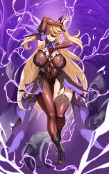 Rule 34 | 1girl, absurdres, alternate breast size, armpits, arms up, blonde hair, breasts, curvy, elbow gloves, era (erasion), eyepatch, fischl (genshin impact), fishnets, garter straps, genshin impact, gloves, green eyes, highres, large breasts, lightning, long hair, looking at viewer, open mouth, solo, thick thighs, thighhighs, thighs, twintails, very long hair, wide hips