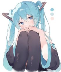 Rule 34 | 1girl, bad id, bad twitter id, black thighhighs, blue eyes, blue hair, blue nails, blush, detached sleeves, hair between eyes, hair ornament, hair strand, hands on own knees, hatsune miku, highres, knees up, legs up, long hair, looking at viewer, nail polish, otintin, shirt, sidelocks, simple background, sleeveless, sleeveless shirt, solo, thighhighs, twintails, vocaloid, white background