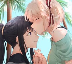 Rule 34 | 2girls, absurdres, black hair, blonde hair, blue shirt, blush, bob cut, chxoswolf, closed eyes, closed mouth, commentary, dappled sunlight, day, english commentary, hair ribbon, highres, holding hands, inoue takina, kiss, kissing forehead, long hair, looking at another, lycoris recoil, multiple girls, nape, nishikigi chisato, off shoulder, one side up, outdoors, palm tree, ponytail, purple eyes, red ribbon, ribbon, shirt, sidelocks, signature, sunlight, tree, upper body, yuri