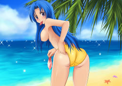 Rule 34 | 00s, 1girl, adjusting clothes, adjusting swimsuit, ass, beach, bikini, blue hair, breasts, censored, condom, condom in mouth, convenient censoring, cum, day, hair censor, hair over breasts, kawashima ami, large breasts, long hair, mouth hold, ocean, outdoors, solo, swimsuit, topless, toradora!, underboob, used condom, yellow bikini, yuki (clydtc)